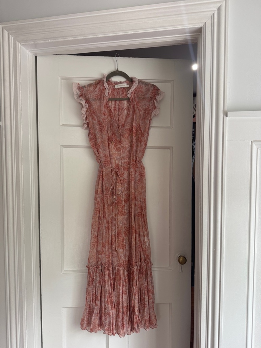 Zimmermann Coral-Pink Floral Maxi Dress with Ruffle Trim
